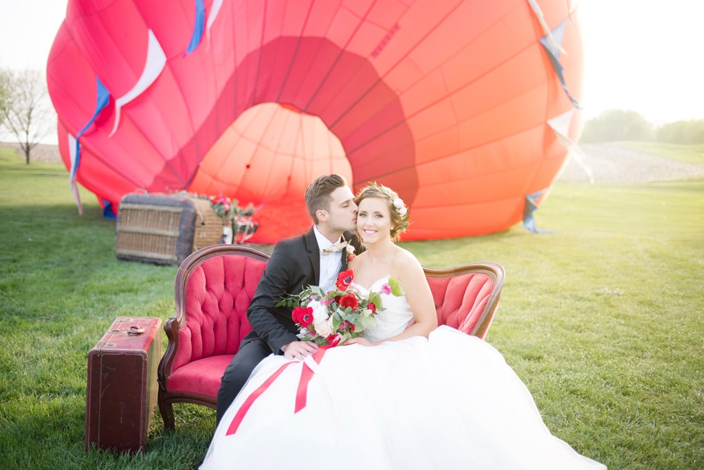 A couple getting married in Bucks County, PA taking a hot air balloon ride.