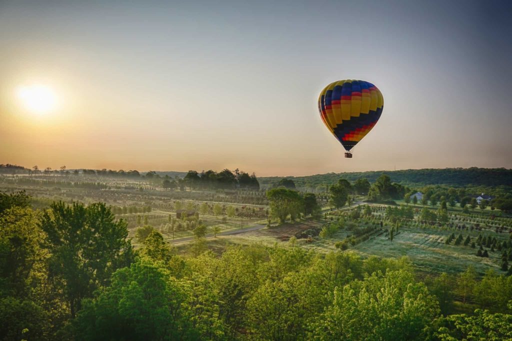 A Lancaster Balloon Ride hot air balloon touring Chester county and heading near Philadelphia