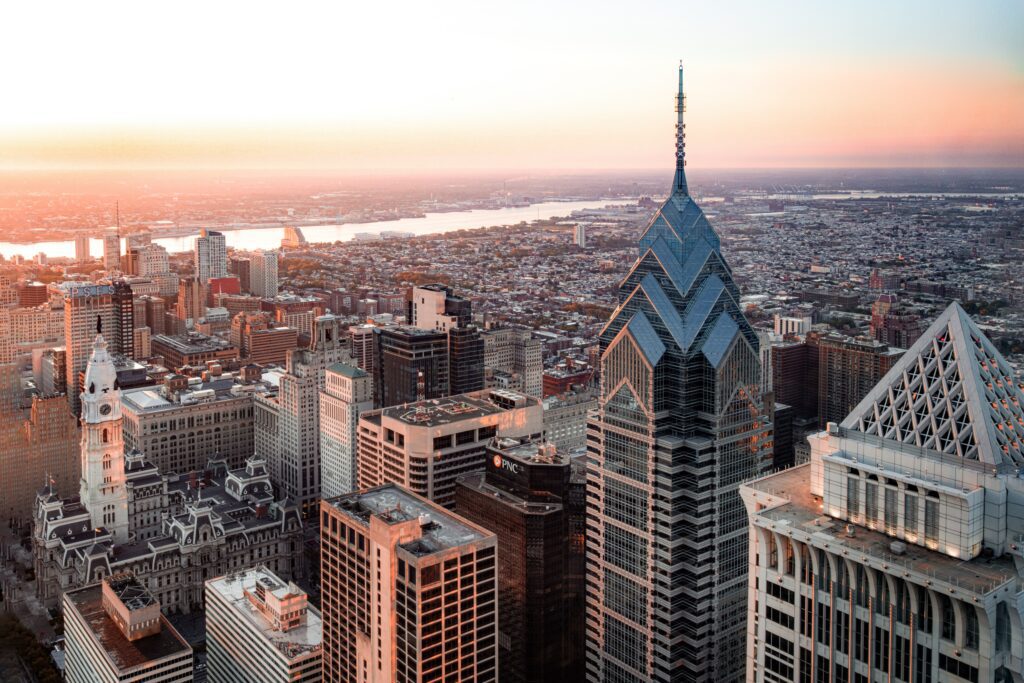 The Philadelphia skyline at sunset, a perfect view for couple to watch together.