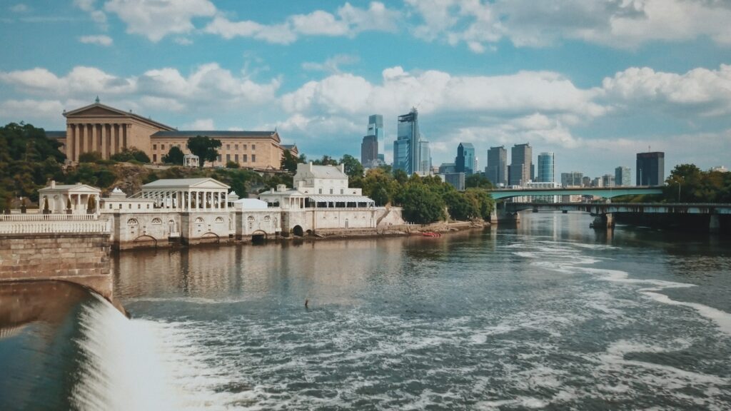 A sweeping shot of the Schuylkill River Taril, a great destination for couples looking to walk in nature.