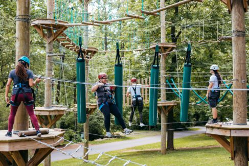 Kids having fun at Refreshing Mountain's elevated obstacles course in Lancaster, PA.